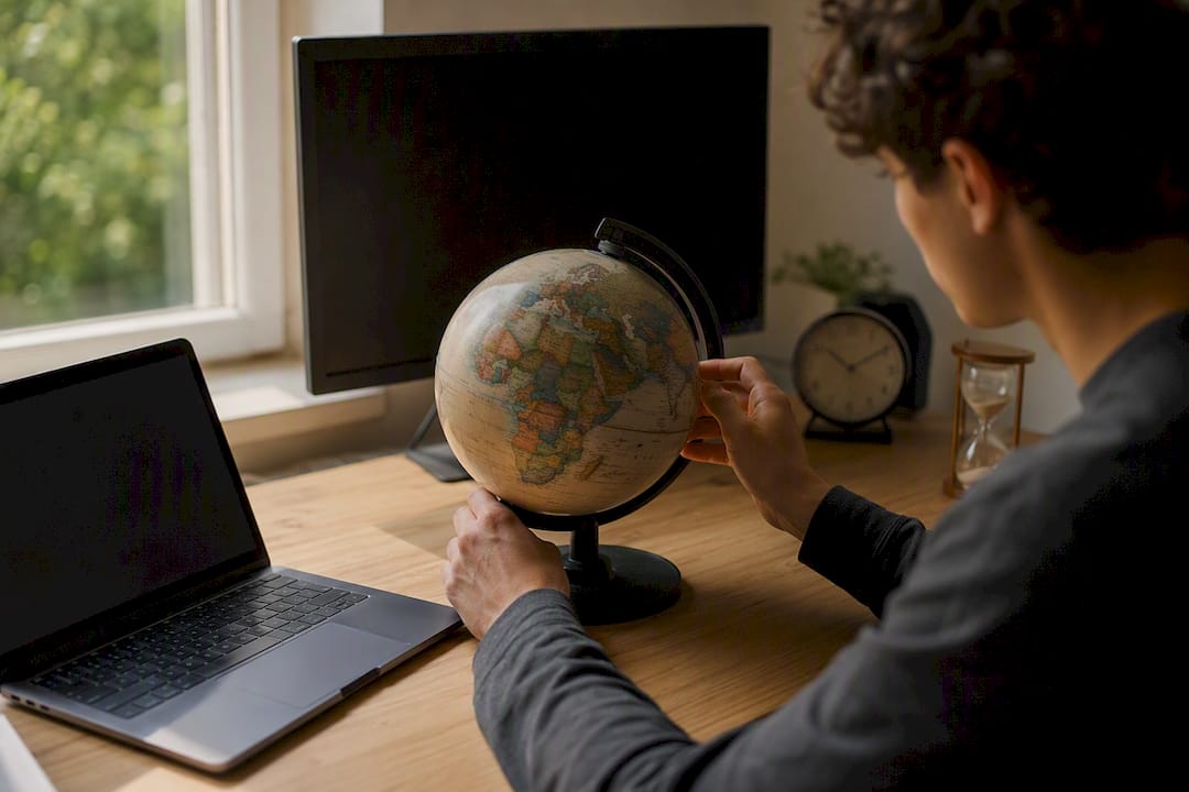 Hands rotating globe on study desk