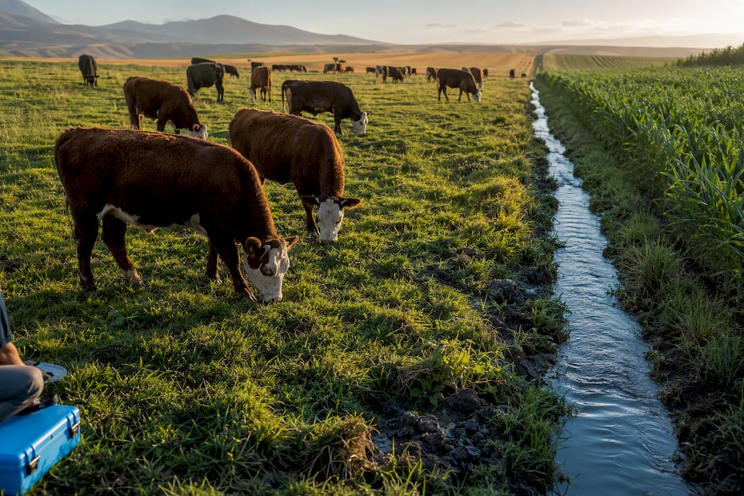 Cattle grazing beside an irrigated pasture