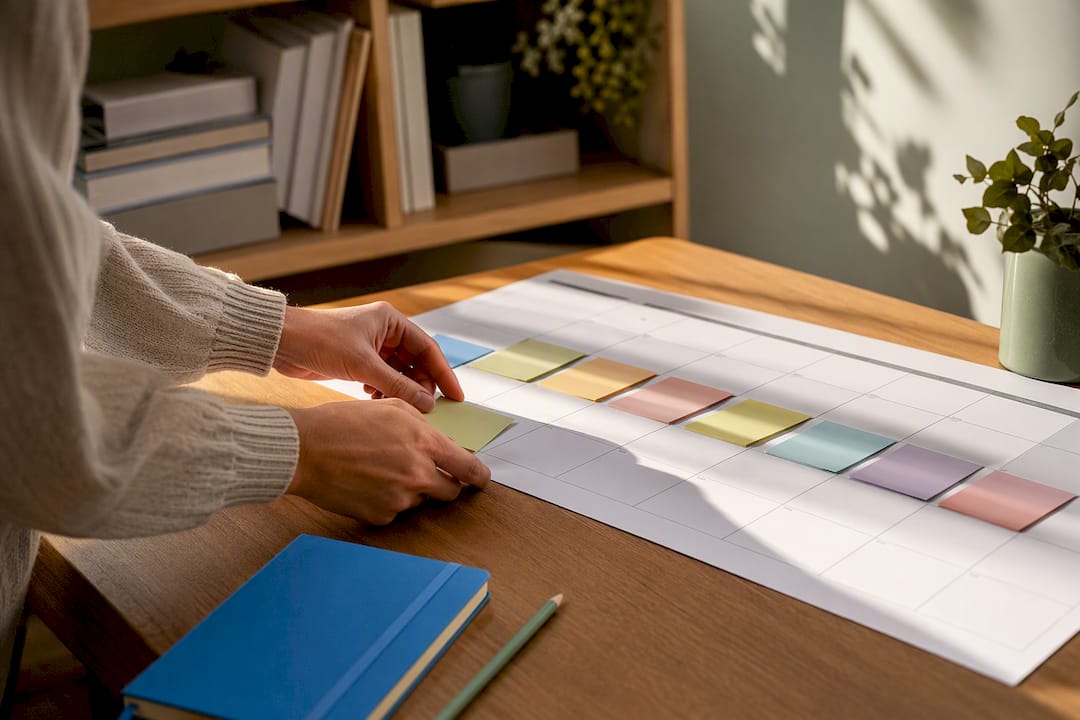 Hands arranging a twelve-week study workflow