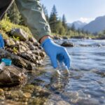 Hands collecting a stream water sample