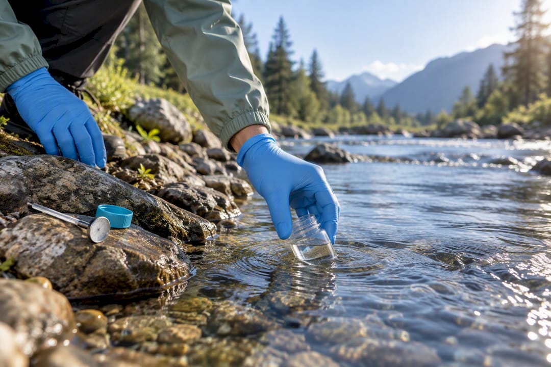 Hands collecting a stream water sample