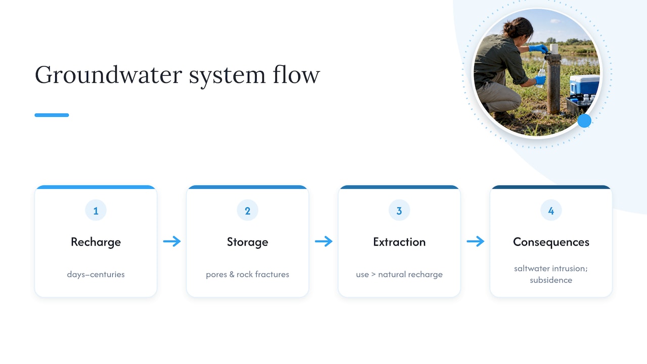 Groundwater and aquifer systems: recharge, usage, and depletion — overview diagram