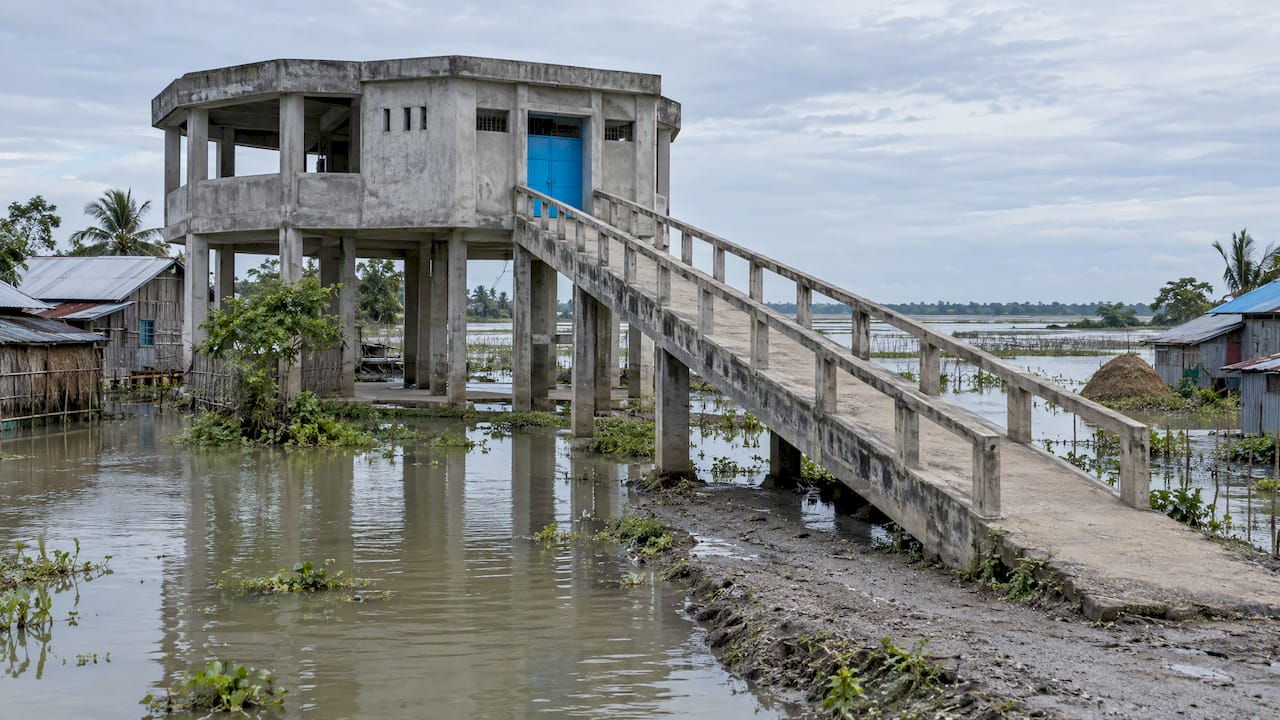 Raised cyclone shelter in Bangladesh floodplain